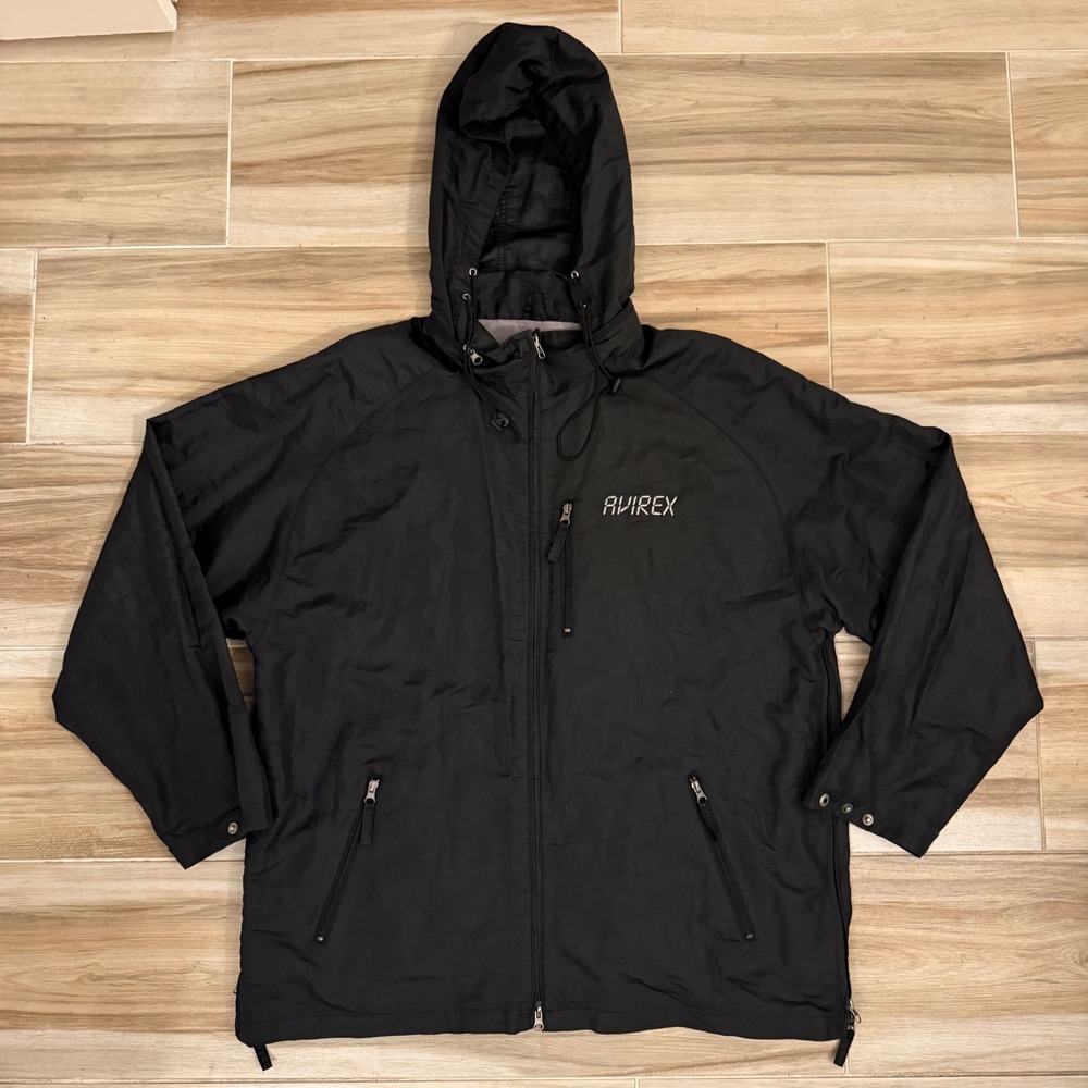 Avirex Mens XL Hooded Windbreaker Jacket Black Full Zip Mesh Lined RN 66016